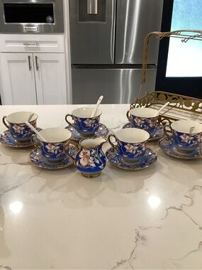 Blue Floral Porcelain Tea Cup and Saucer Set with Gold Trim